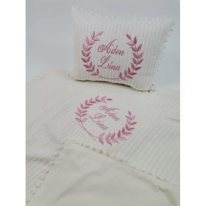 Krem örgü pike - krem poplin battaniye yastık 3