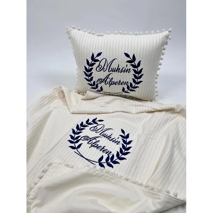 Krem örgü pike - krem poplin battaniye yastık 4