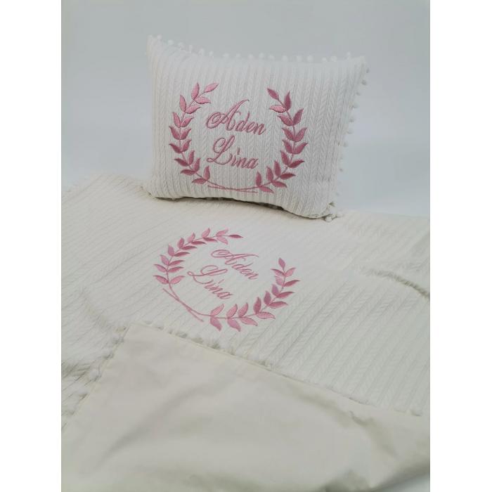 Krem örgü pike - krem poplin battaniye yastık 3