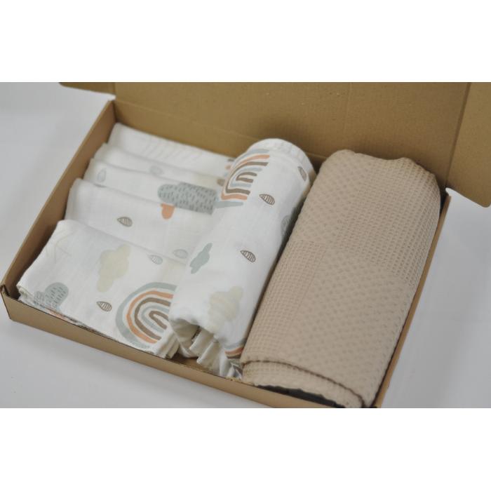 Müslin seti 8 parça gökkuşaklı müslin- bej waffle pike