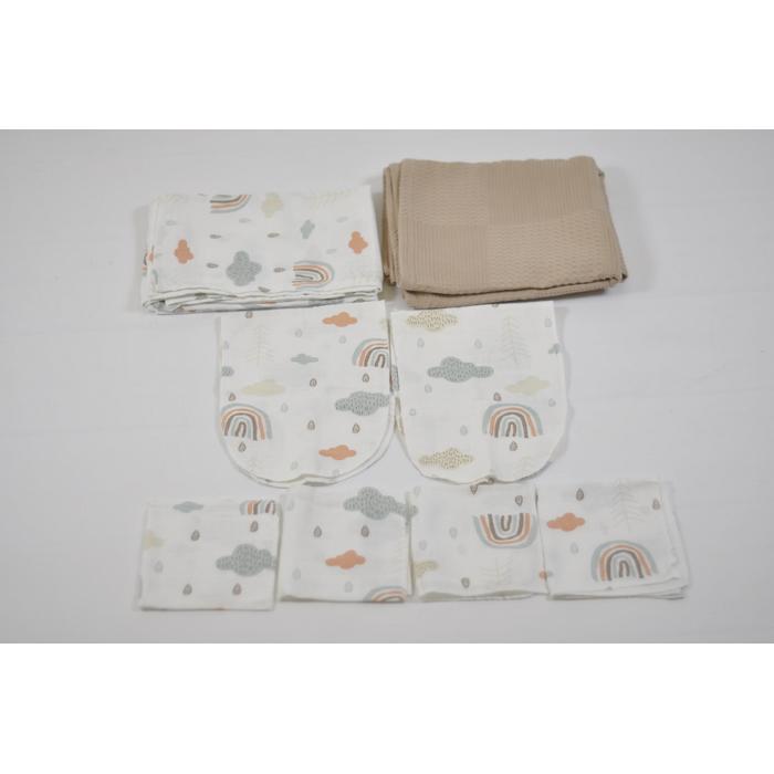 Müslin seti 8 parça gökkuşaklı müslin- bej waffle pike