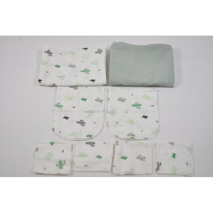 Müslin seti 8 parça kaktüslü müslin - yeşil waffle pike