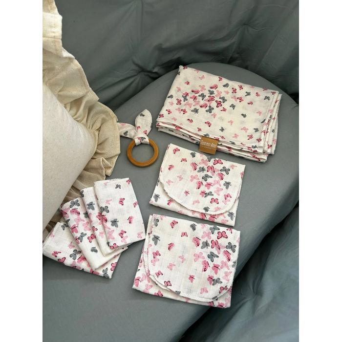 Müslin seti 8 parça minik gri pembe kelebekli müslin