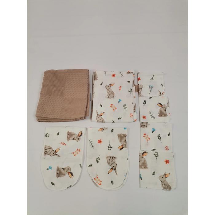Müslin seti 8 parça tavşanlı müslin - bej waffle pike