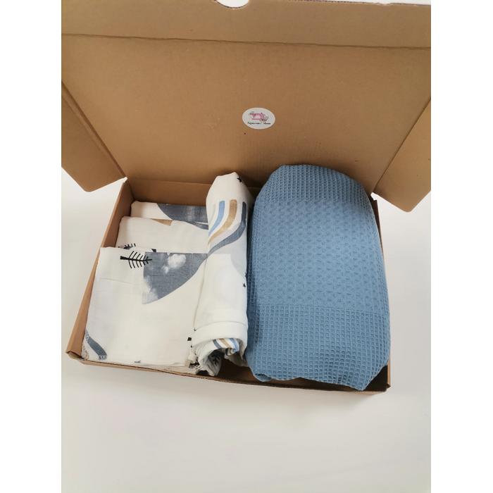 Müslin seti 8 parça yeni bej gir mavi gökkuşaklı müslin - indigo mavi waffle pike