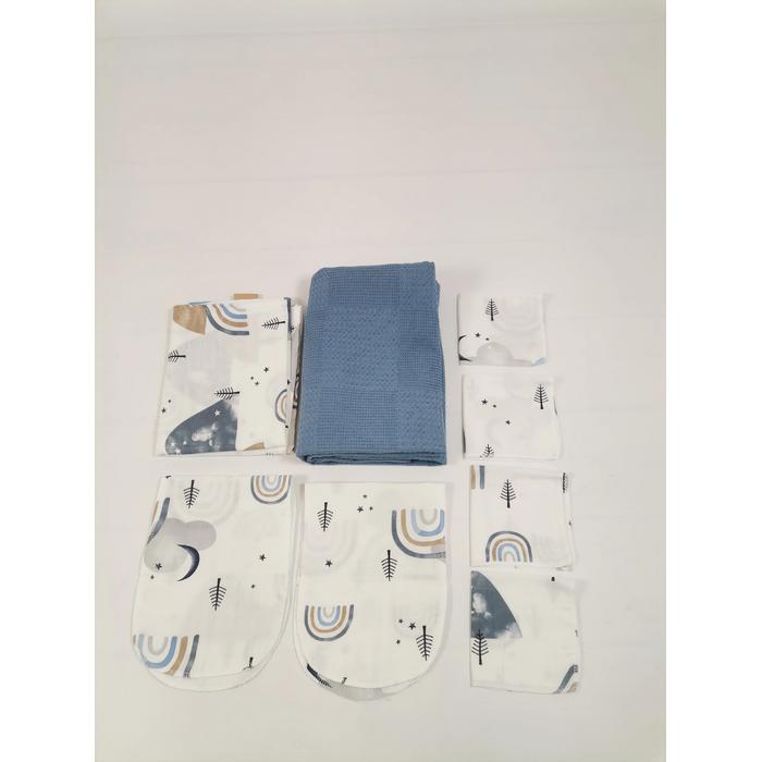 Müslin seti 8 parça yeni bej gir mavi gökkuşaklı müslin - indigo mavi waffle pike