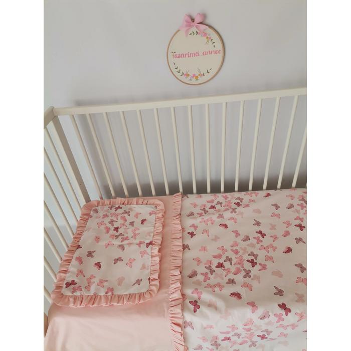 Nevresim takımı fırfırlı pudra kelebekli poplin - somon rengi poplin