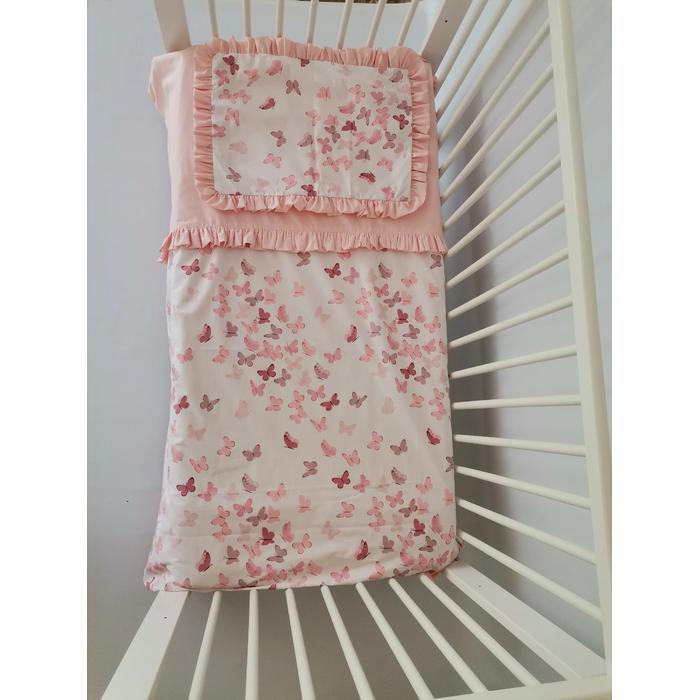 Nevresim takımı fırfırlı pudra kelebekli poplin - somon rengi poplin