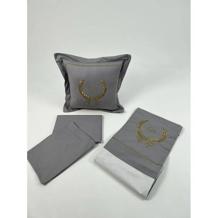 Nevresim takımı  nakış işlemeli beyaz poplin - koyu gri poplin