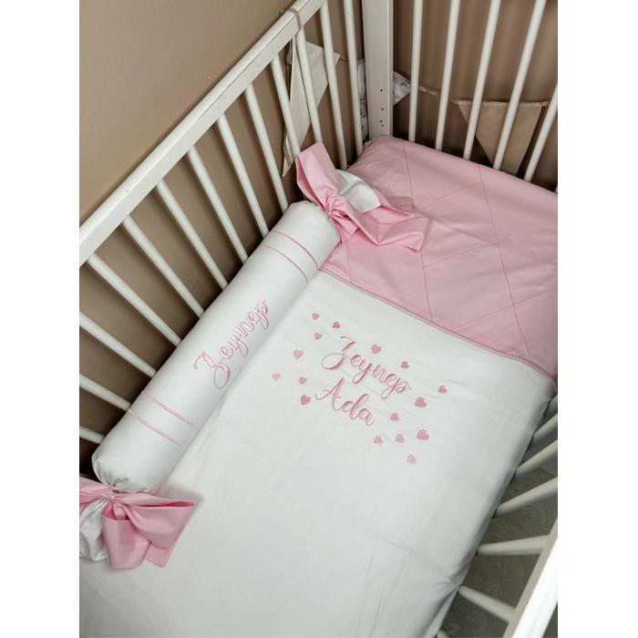 Nevresim takımı 4 parça nakış işlemeli nervürlü pembe - beyaz poplin