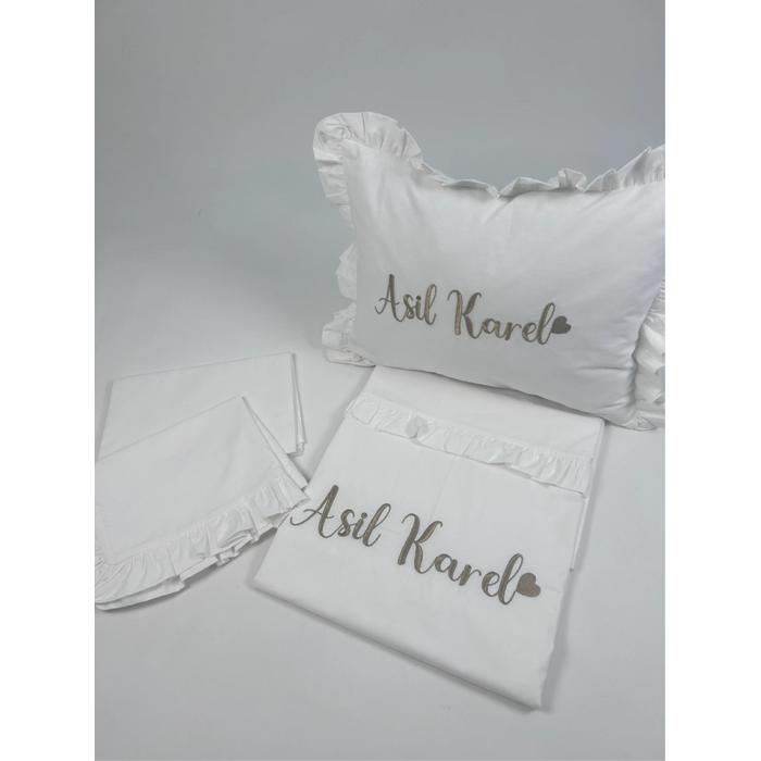 Nevresim takımı 4 parça nakış işlemeli fırfırlı beyaz poplin 2