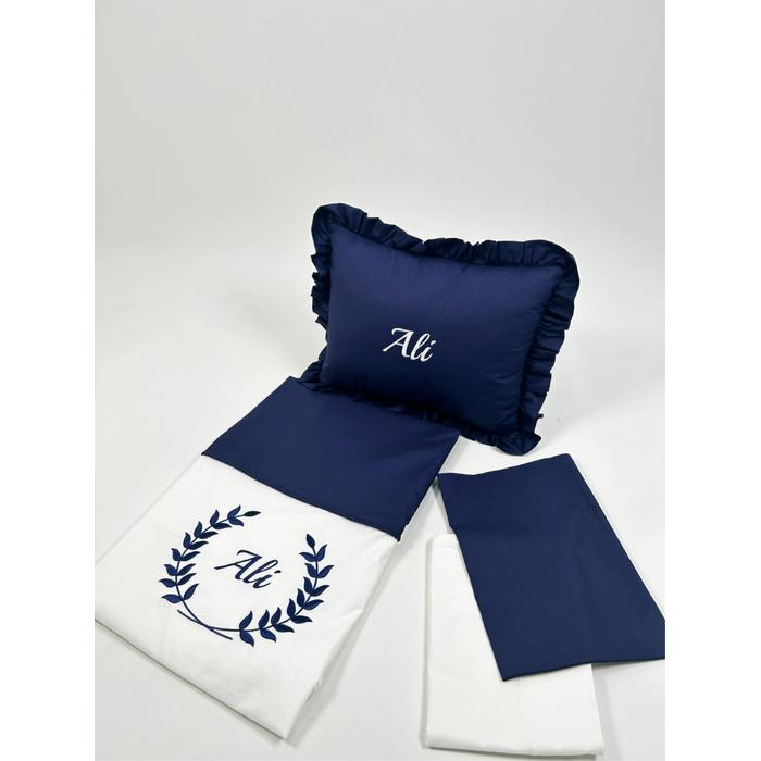 Nevresim takımı 4 parça nakış işlemeli  beyaz poplin - lacivert poplin