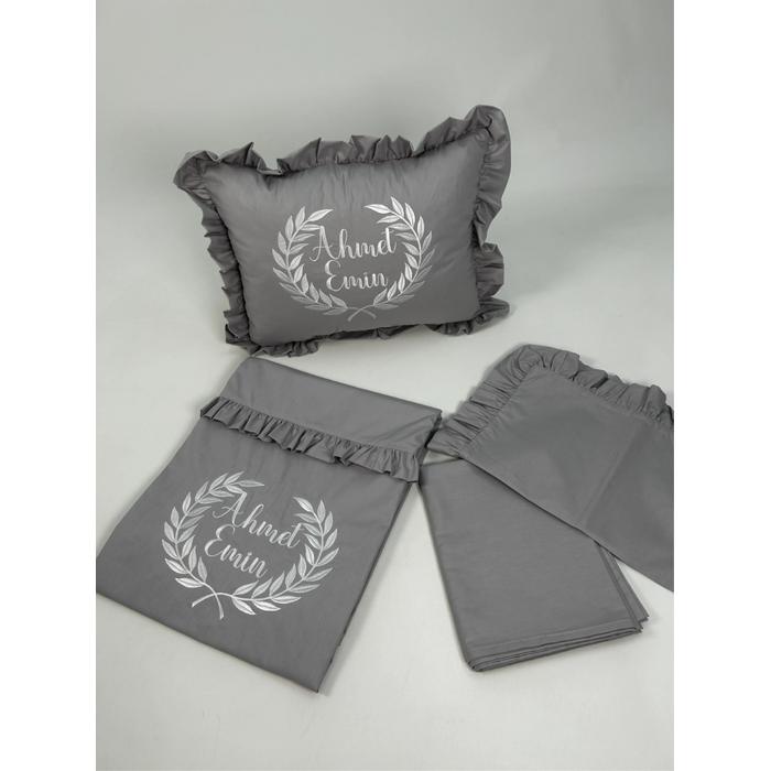 Nevresim takımı 4 parça nakış işlemeli koyu gri poplin