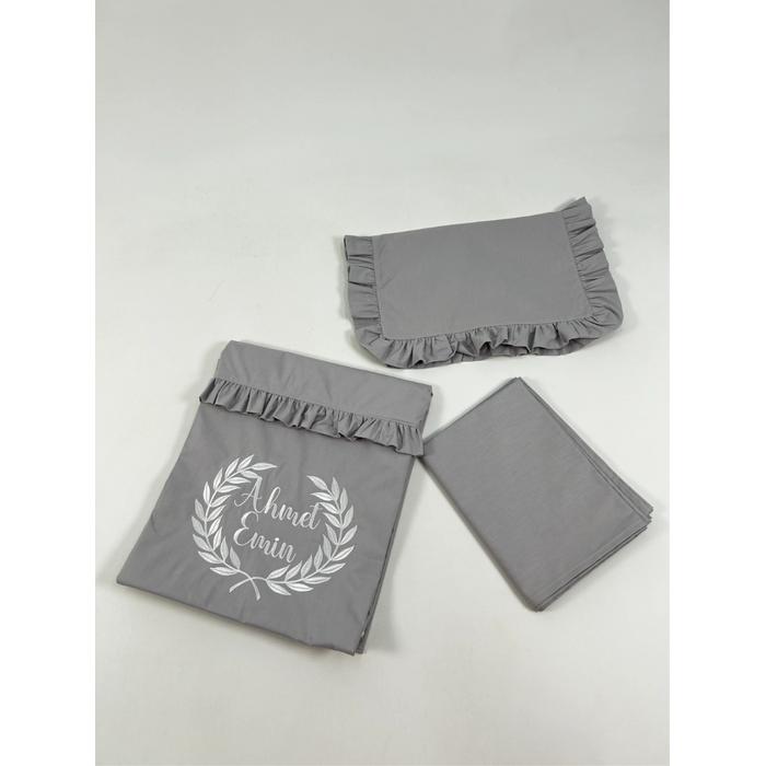 Nevresim takımı 4 parça nakış işlemeli koyu gri poplin