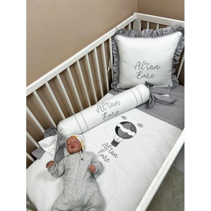 Nevresim takımı 5 parça beyaz poplin - gri poplin 2