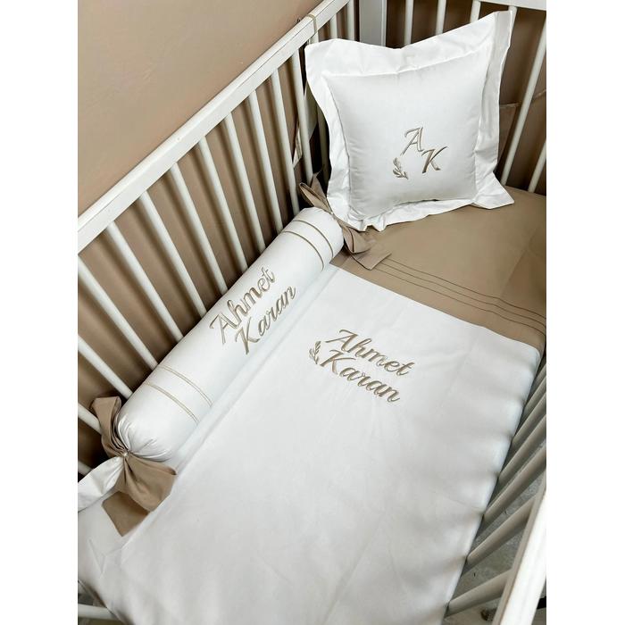 Nevresim takımı 5 parça beyaz poplin - bej poplin