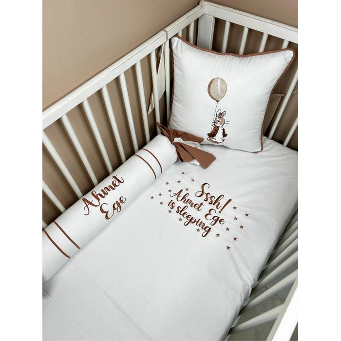 Nevresim takımı 5 parça beyaz poplin - kahve rengi poplin