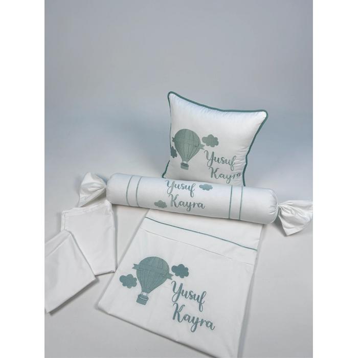 Nevresim takımı 5 parça beyaz poplin - yeşil poplin 