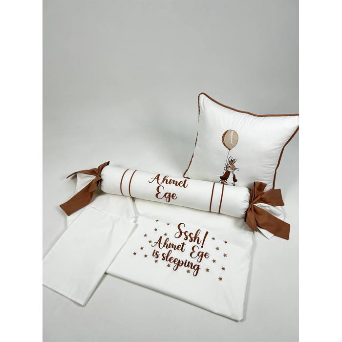 Nevresim takımı 5 parça beyaz poplin - kahve rengi poplin