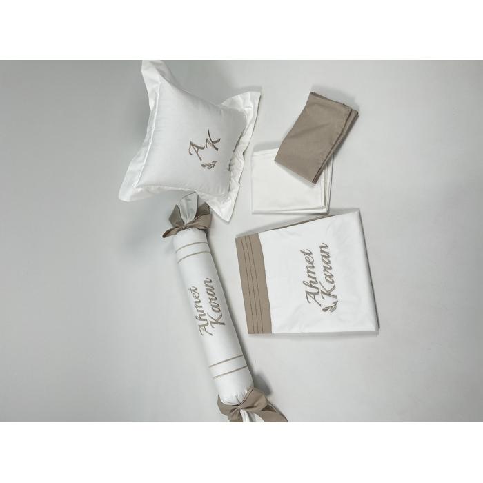 Nevresim takımı 5 parça beyaz poplin - bej poplin