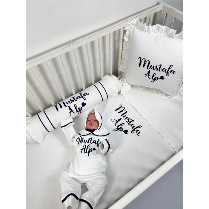 Nevresim takımı 5 parça isim işlemeli beyaz poplin - lacivert