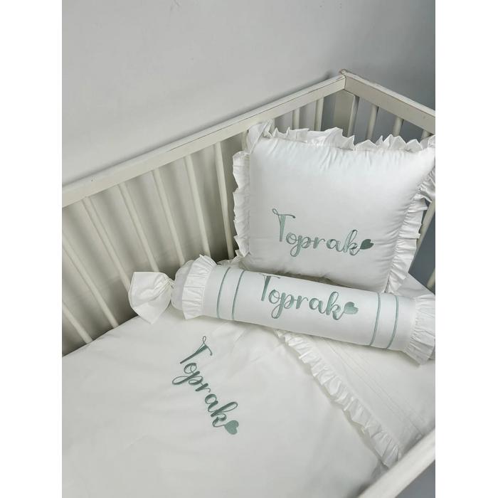 Nevresim takımı 5 parça isim işlemeli beyaz poplin - yeşil 