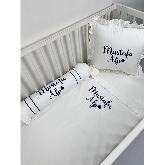 Nevresim takımı 5 parça isim işlemeli beyaz poplin - lacivert