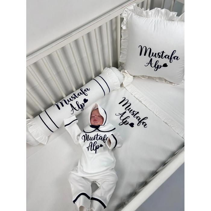 Nevresim takımı 5 parça isim işlemeli beyaz poplin - lacivert