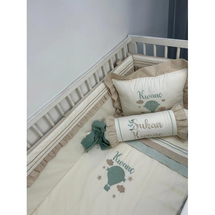 Nevresim takımı 5 parça krem poplin - bej - yeşil isviçre keten