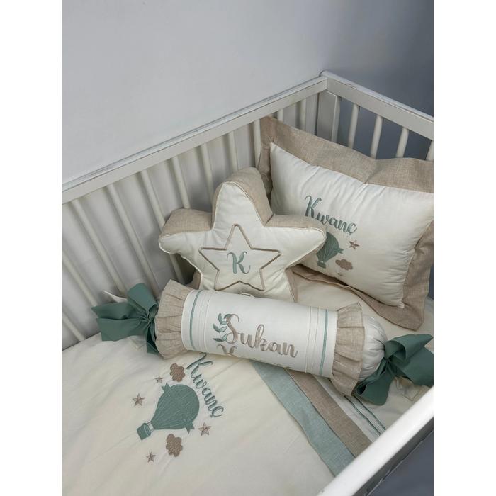 Nevresim takımı 5 parça krem poplin - bej - yeşil isviçre keten