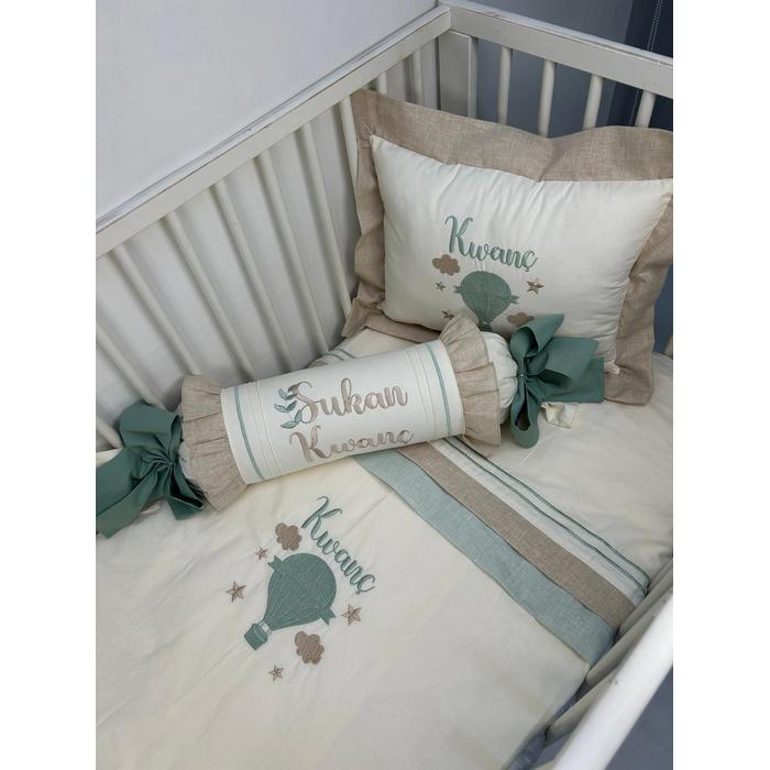 Nevresim takımı 5 parça krem poplin - bej - yeşil isviçre keten