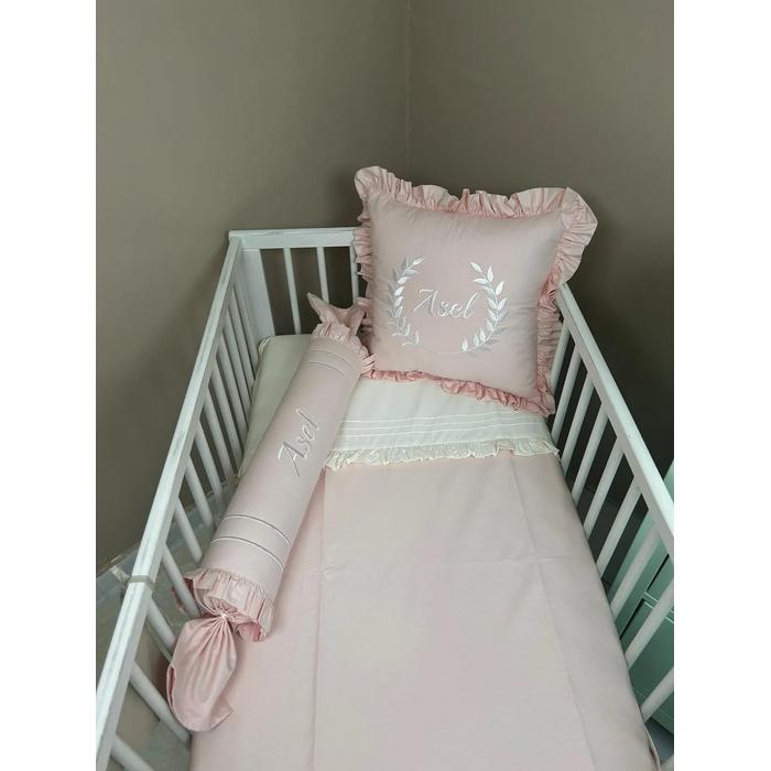 Nevresim takımı 5 parça nakış işlemeli fırfırlı krem - somon rengi poplin