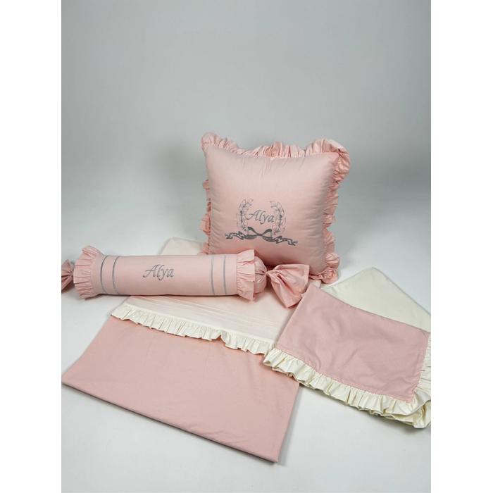 Nevresim takımı 5 parça nakış işlemeli fırfırlı krem - somon rengi poplin 2