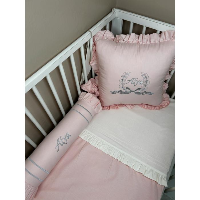 Nevresim takımı 5 parça nakış işlemeli fırfırlı krem - somon rengi poplin 2