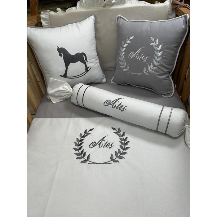 Nevresim takımı 6 parça gri poplin - beyaz poplin