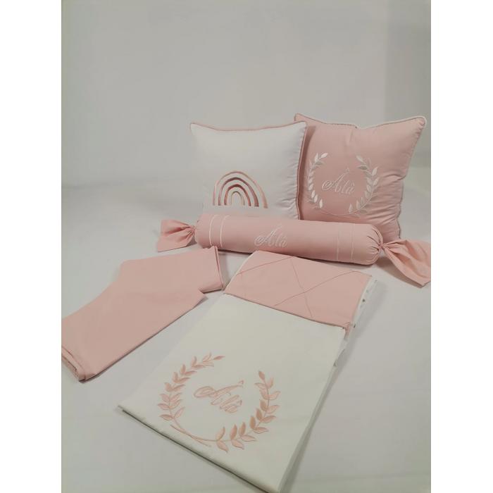 Nevresim takımı 6 parça nakış işlemeli beyaz - somon rengi poplin