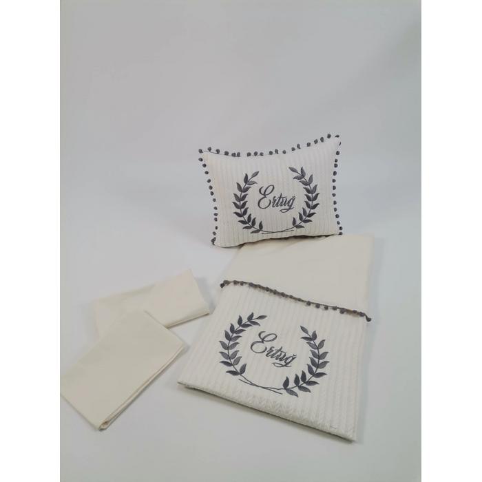 PİKE TAKIMI  GRİ PONPONLU KREM ÖRGÜ PİKE - V3 KREM POPLİN