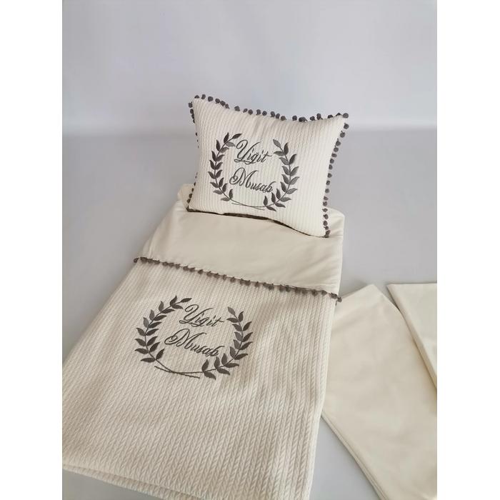 PİKE TAKIMI  GRİ PONPONLU KREM ÖRGÜ PİKE - V3 KREM POPLİN