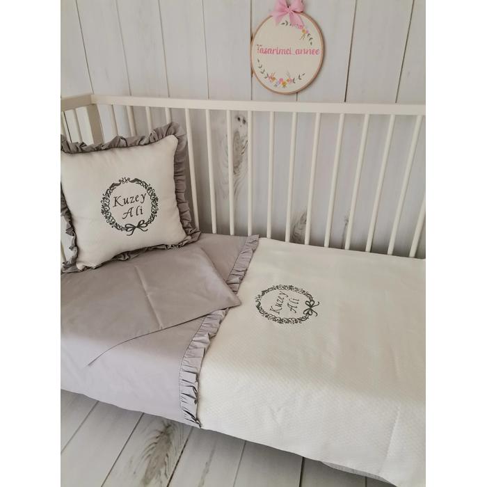 PİKE TAKIMI FIRFIRLI BAKLAVA DESENLİ PİKE - GRİ POPLİN 