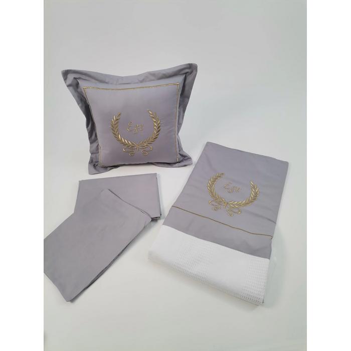 Pike takımı  nakış işlemeli beyaz waffle pike - koyu gri poplin