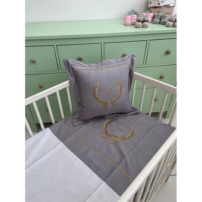 Pike takımı  nakış işlemeli beyaz waffle pike - koyu gri poplin