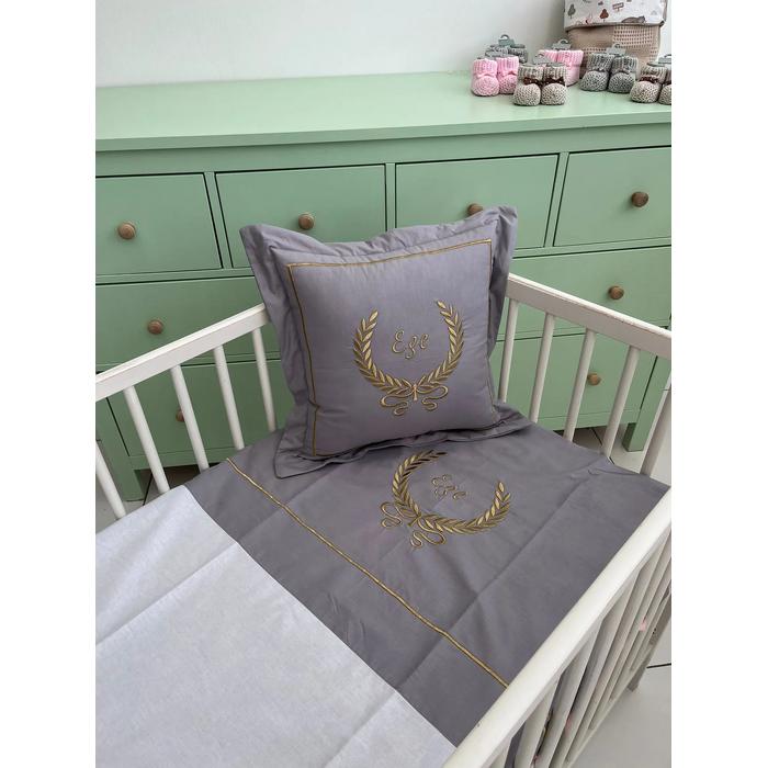 Nevresim takımı  nakış işlemeli beyaz poplin - koyu gri poplin