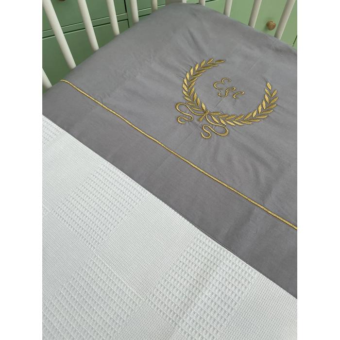 Pike takımı  nakış işlemeli beyaz waffle pike - koyu gri poplin