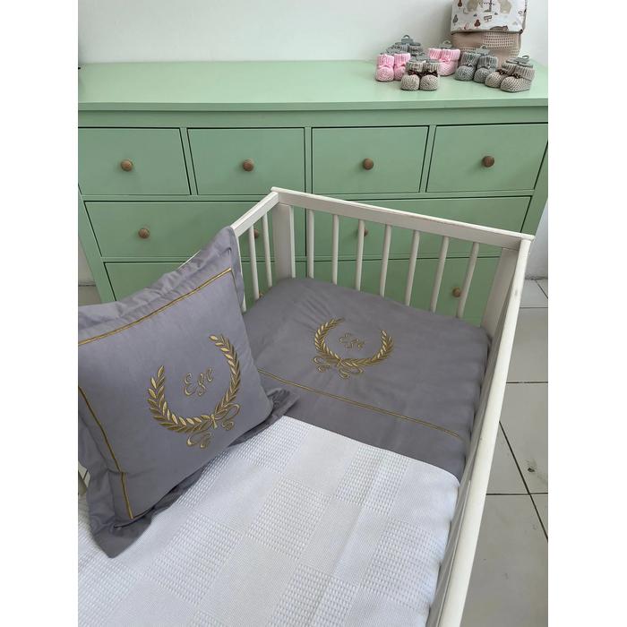 Pike takımı  nakış işlemeli beyaz waffle pike - koyu gri poplin