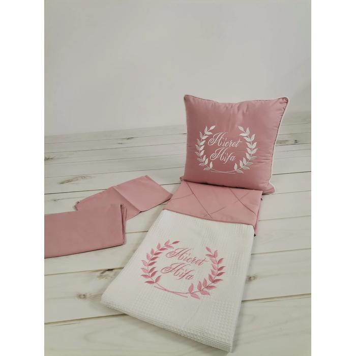 Pike takımı  nakış işlemeli nervürlü beyaz waffle pike - gül kurusu poplin