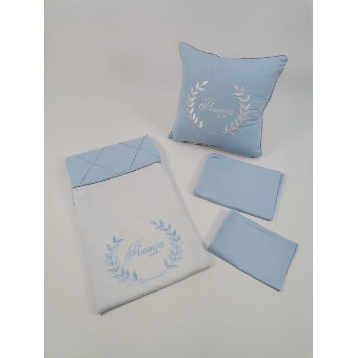 Pike takımı  nakış işlemeli nervürlü beyaz waffle pike - mavi poplin