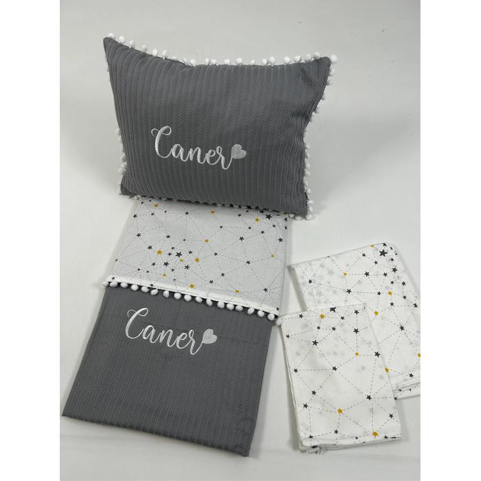 Pike takımı 4 parça gri örgü pike - gri samanyolu yıldızlı poplin