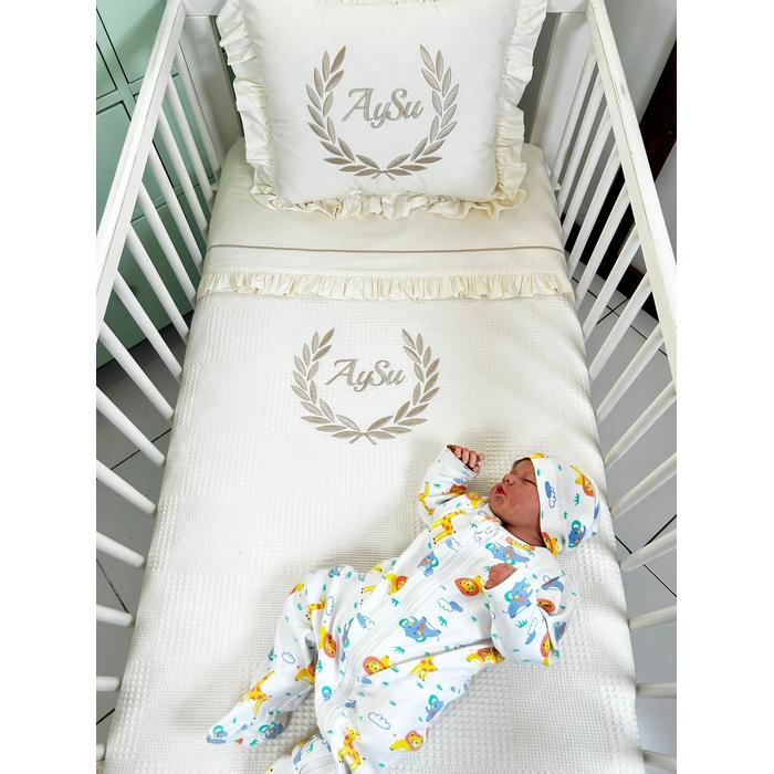 Pike takımı 4 parça nakış işlemeli krem waffle pike - krem poplin