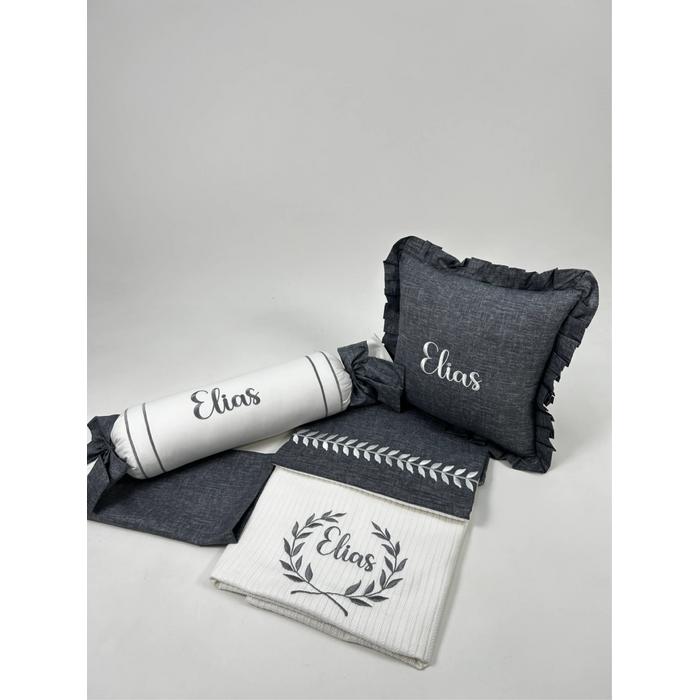 Pike takımı 5 parça beyaz örgü pike - koyu gri kırçıllı poplin