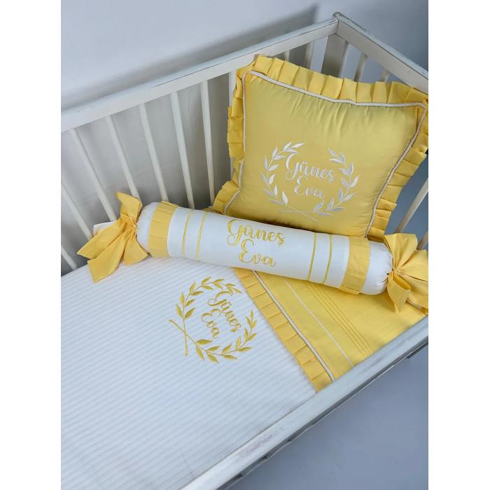 Pike takımı 5 parça beyaz örgü pike - sarı poplin